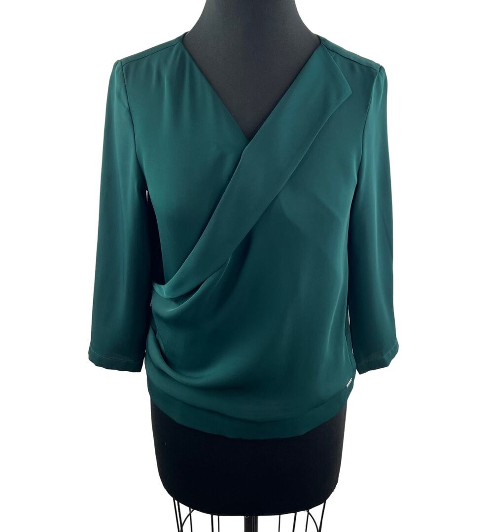 SOLAR Green Satin Faux Wrap Blouse Top 3/4 Sleeve Surplice Neck Size 34 /2